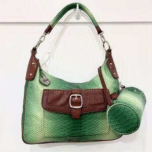 SHARIF 1827 GREEN & BROWN HANDBAG LEATHER TRIM WITH LAMINATE AND POUCH NWOT